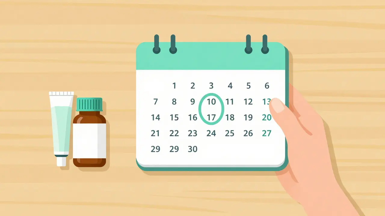 Flat design view of a calendar, medication, and cream on a table.