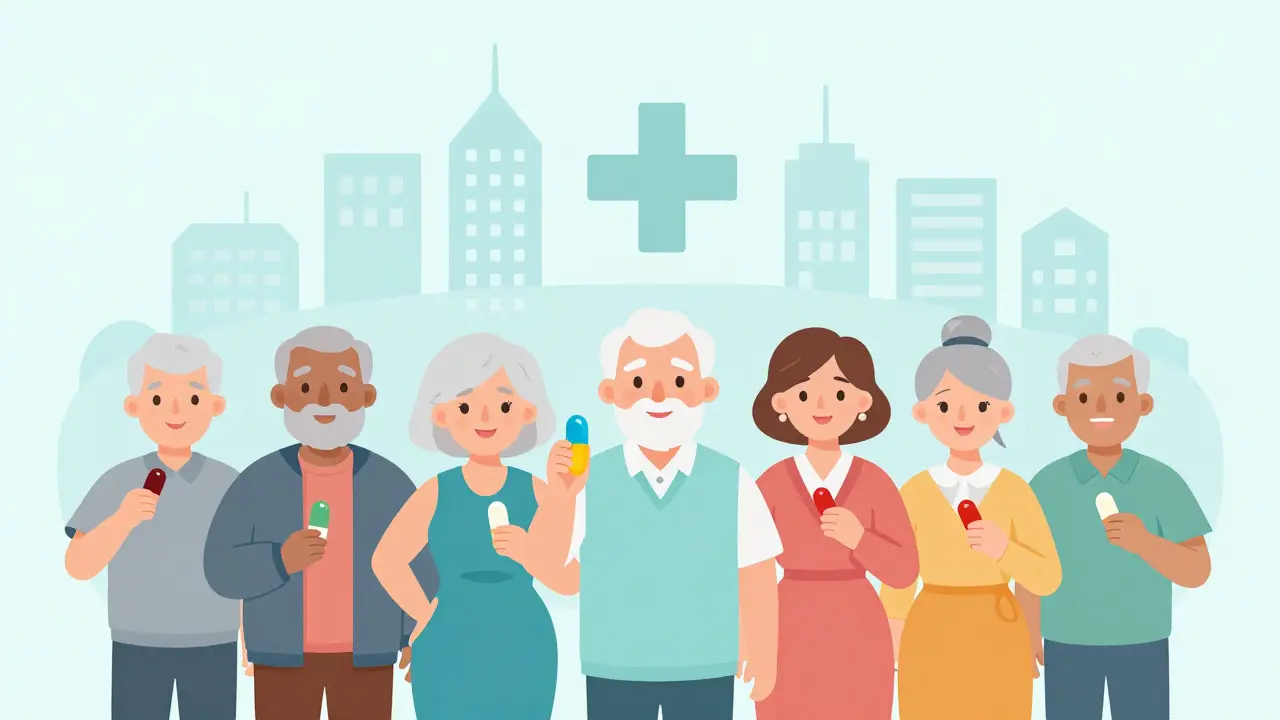 Happy elderly patients holding a single combination pill in a clean, futuristic style