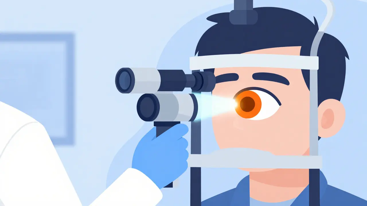 Illustration of a doctor examining an eye with a slit-lamp and orange fluorescein dye.