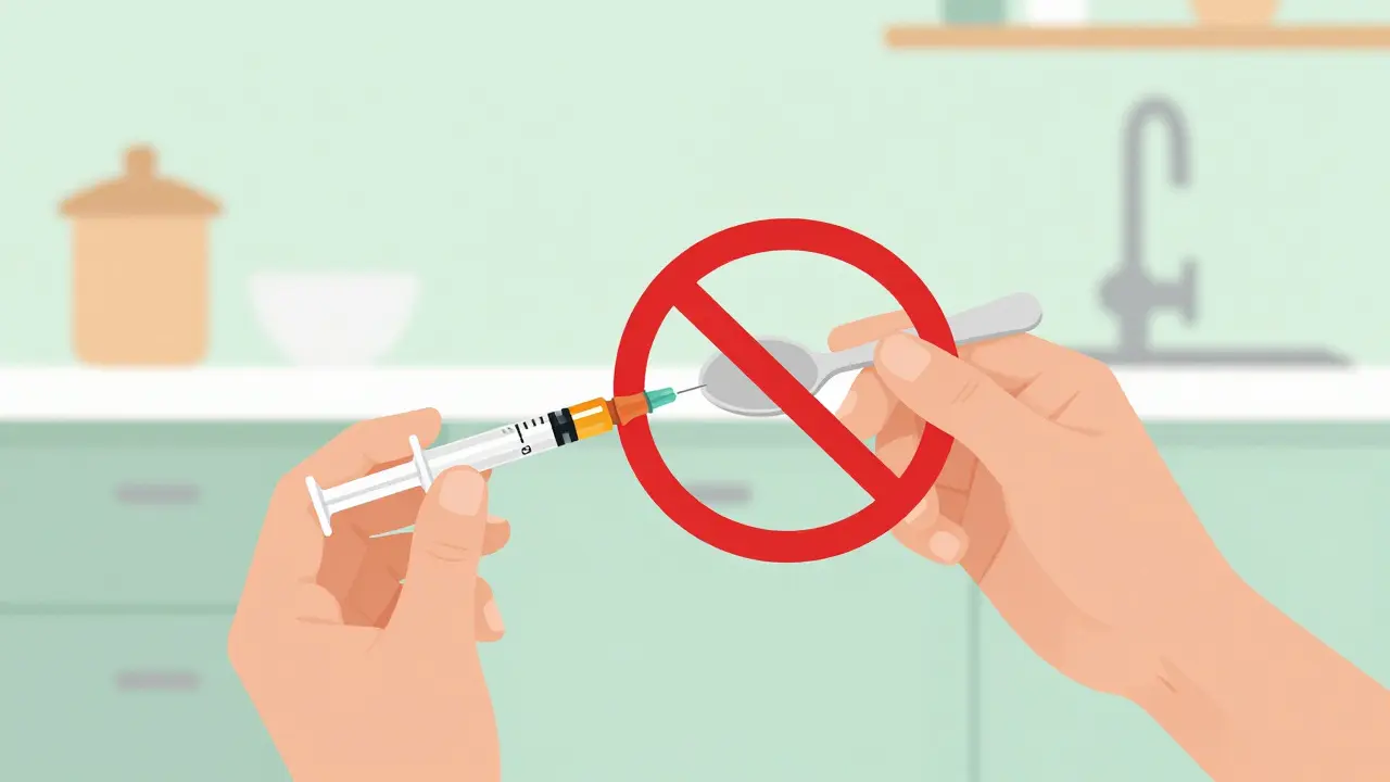 Illustration showing the correct use of a medical syringe instead of a kitchen spoon.