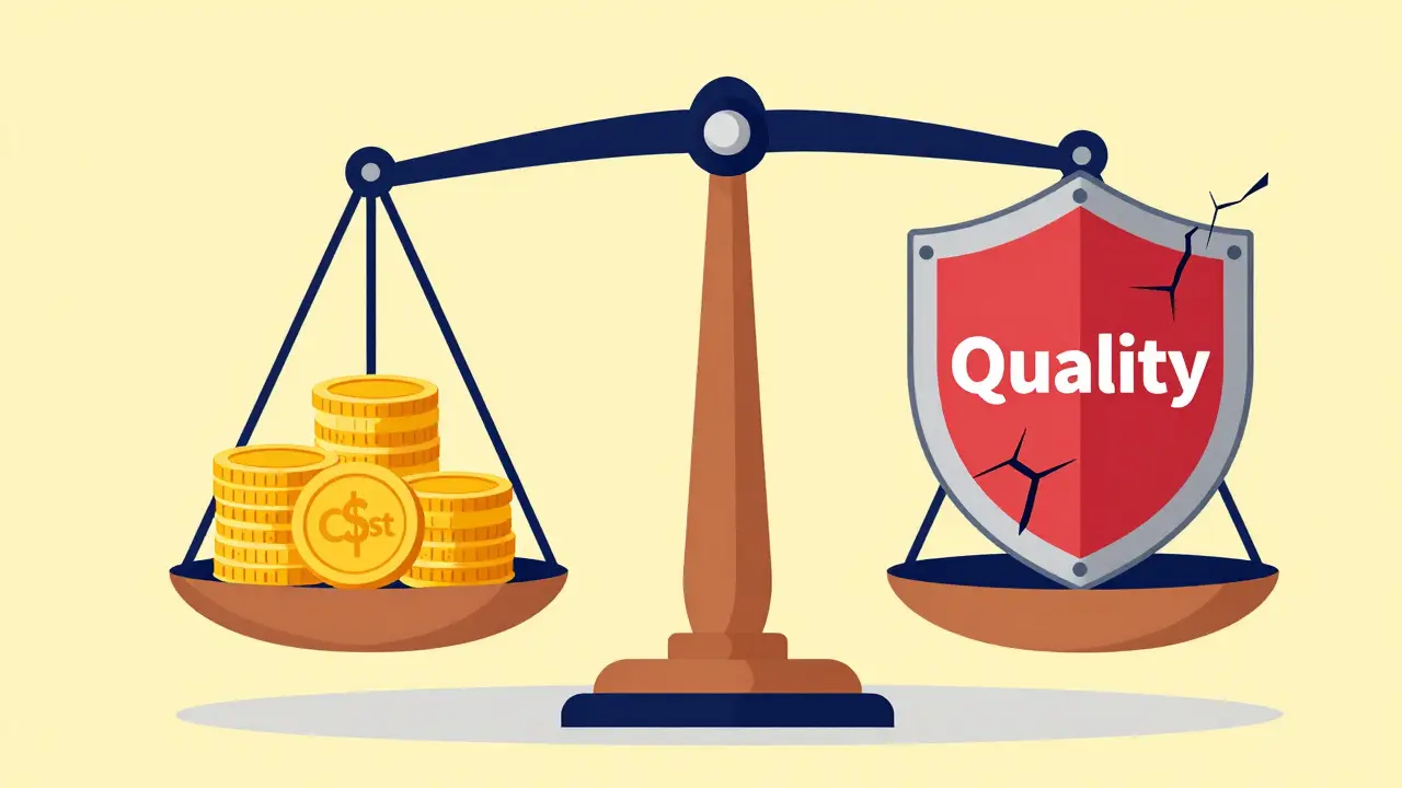 Balance scale showing cost outweighing quality in drug manufacturing