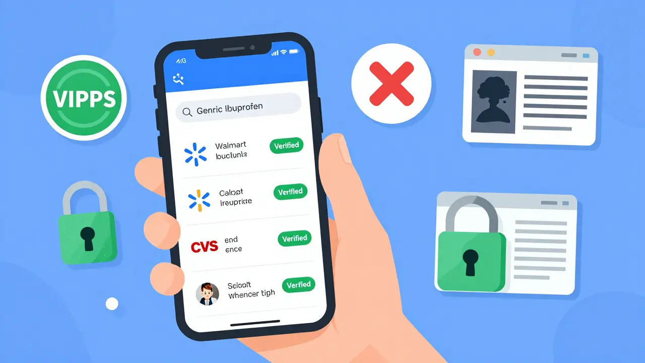 Cartoon character using phone to find verified online pharmacies for generic meds.