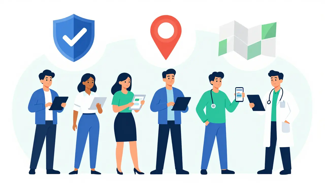 Cartoon graphic showing safe online pharmacy verification steps and trusted sources.