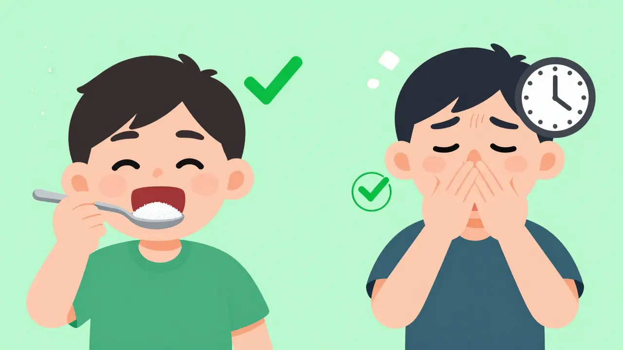 Cartoon showing sugar and breath-holding as effective hiccup remedies.