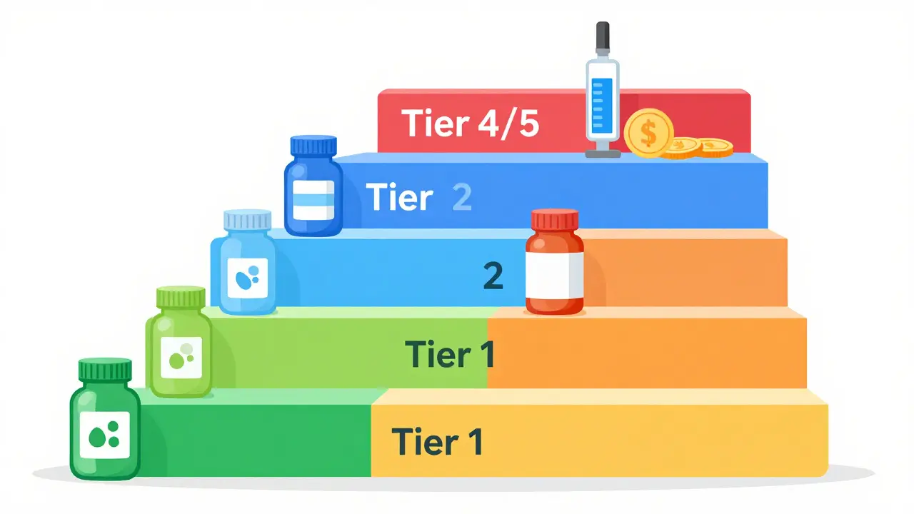Colorful staircase illustrating insurance formulary tiers from cheap generics to expensive specialty drugs