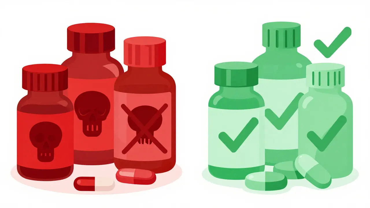 Comparison of dangerous red meds vs safe green meds
