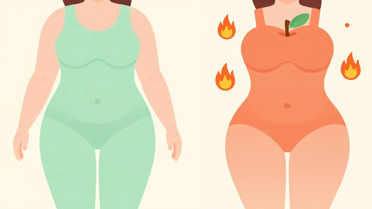 Flat design comparison of hip vs belly fat distribution before and after menopause