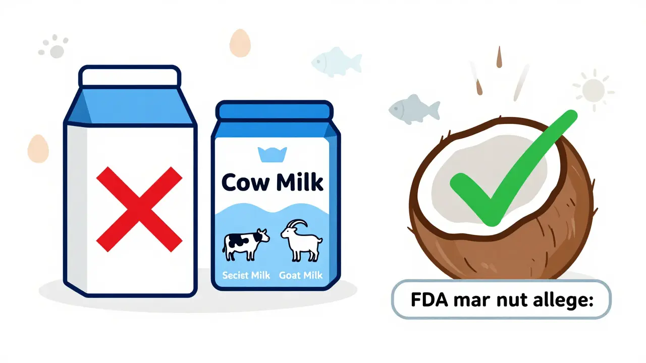 Flat design graphic comparing old vague labels to new specific milk and coconut rules.