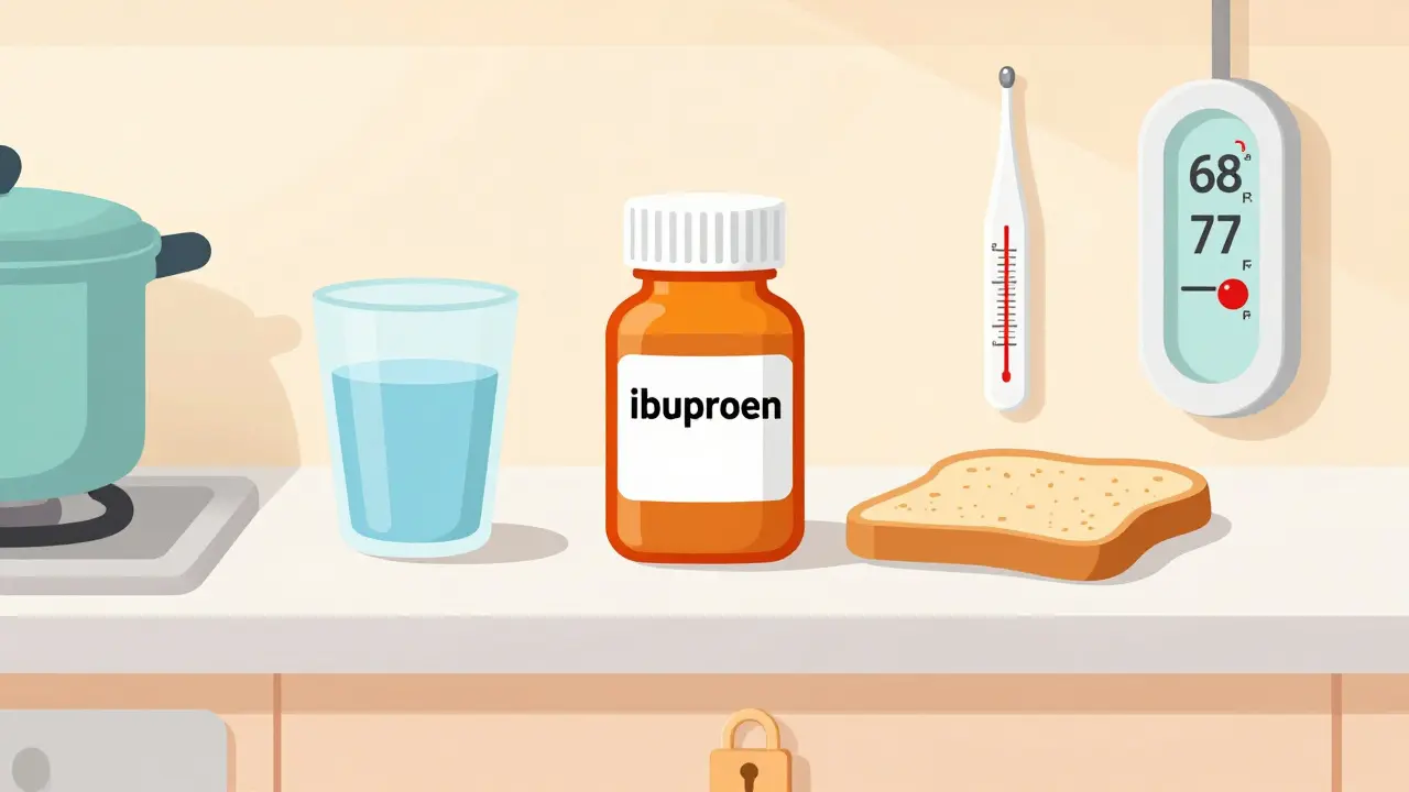 Flat design guide showing safe storage and dosage tips for generic ibuprofen.