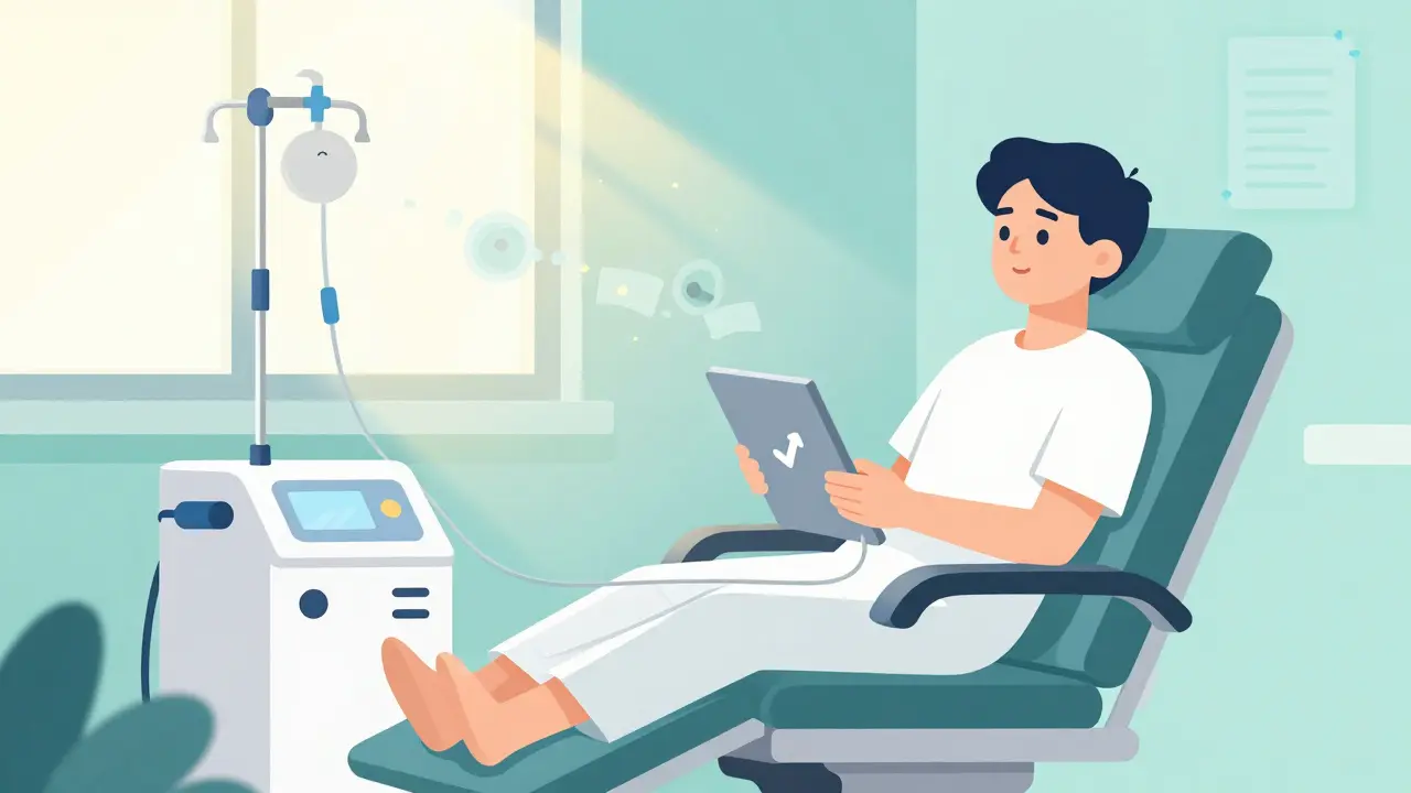 Flat design of a relaxed patient receiving dialysis treatment in a bright, calming room.