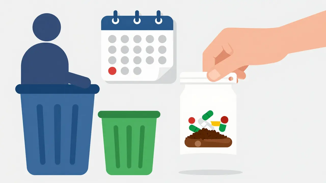 Hand disposing of mixed pills in trash for safe disposal