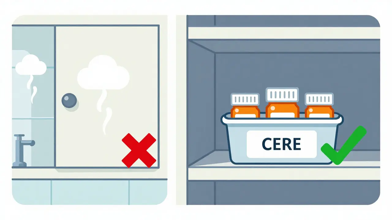 Illustration comparing humid bathroom vs dry closet for meds