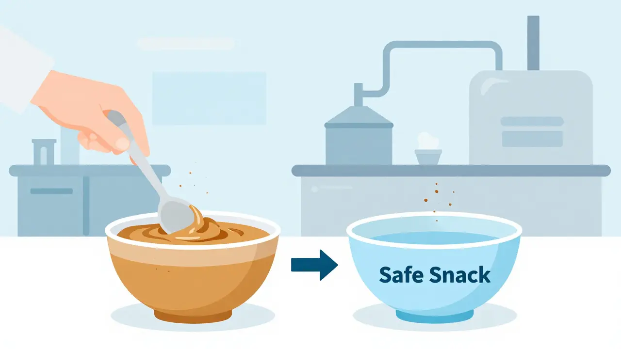 Illustration of cross-contact showing allergen transfer between food bowls.