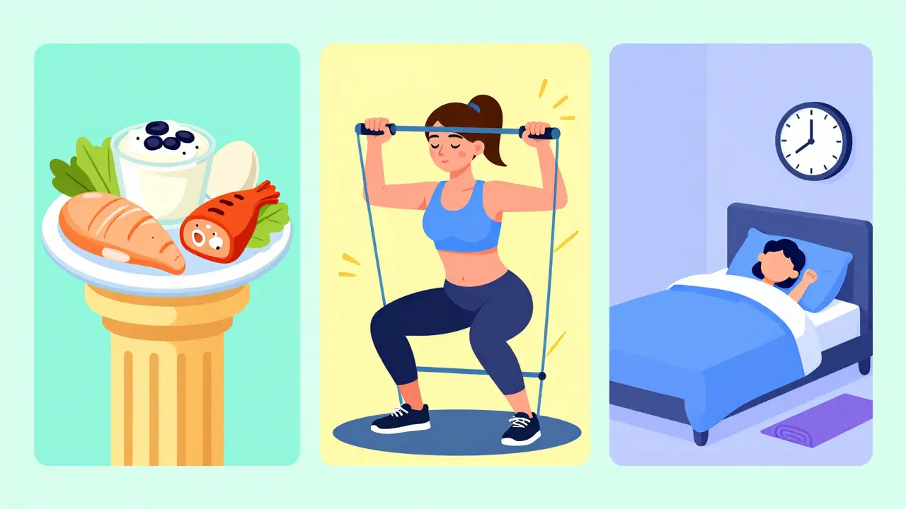 Illustration of protein diet, strength training, and sleep for menopause weight management