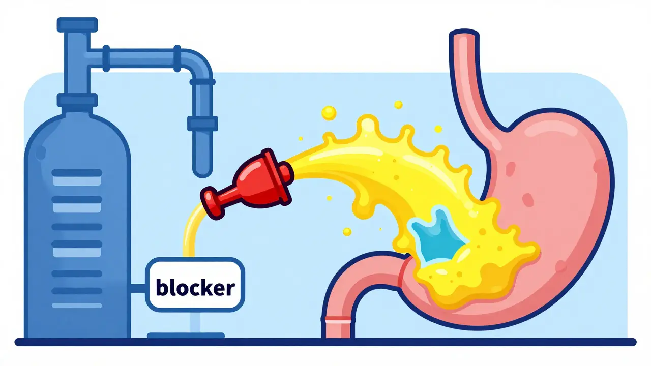 Illustration of rebound acid hypersecretion in a stylized stomach factory