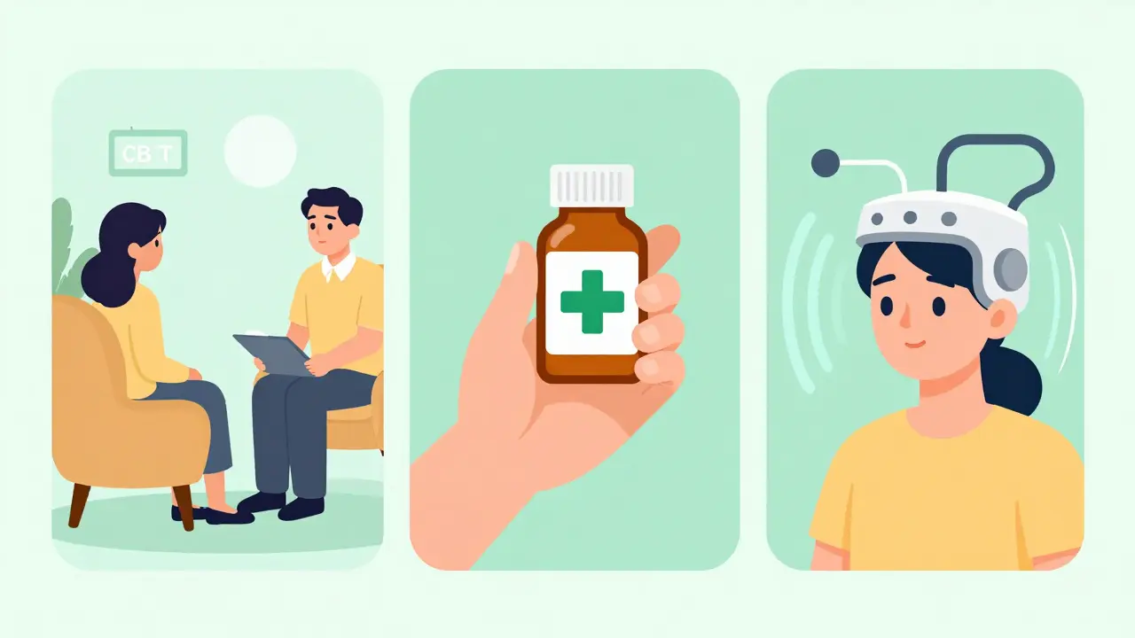 Illustration of therapy, medication, and TMS treatments for PPD