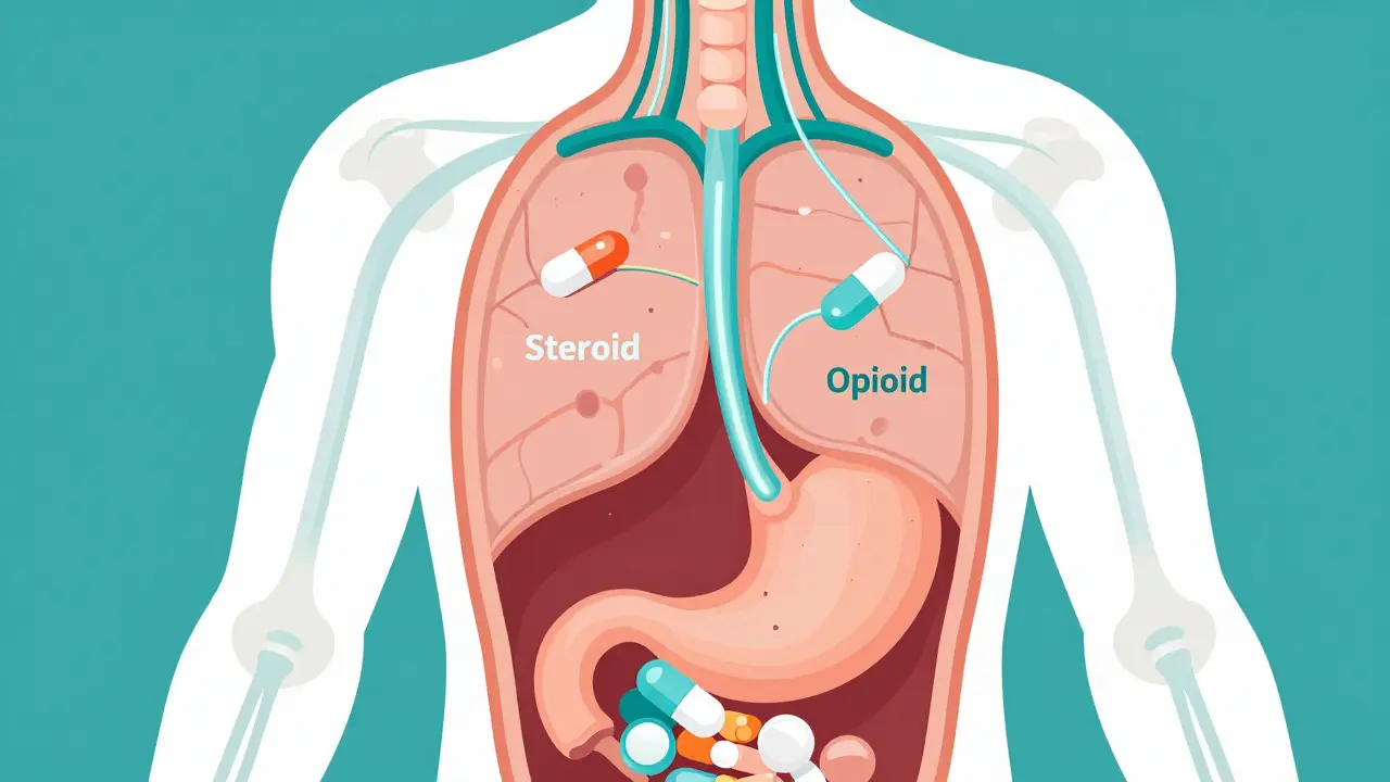 Illustration showing how different medications trigger hiccups in the body.