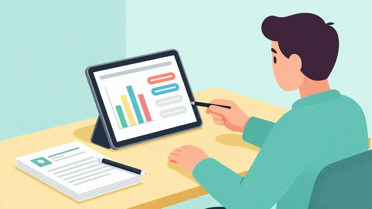 Person reviewing medication costs and paperwork on a tablet to manage expenses
