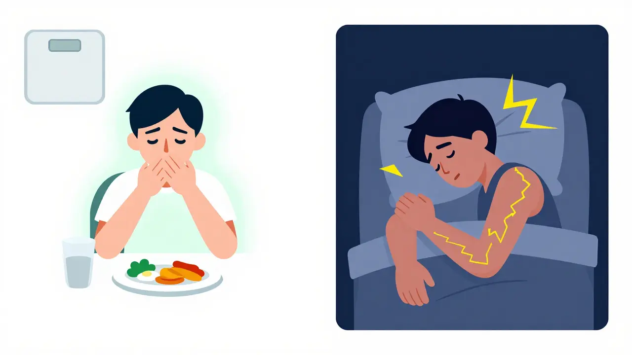 Split cartoon showing a patient suffering from nausea at dinner and severe itching at night.