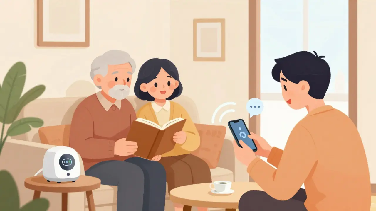 Caregiver receiving medication alert while senior relaxes at home