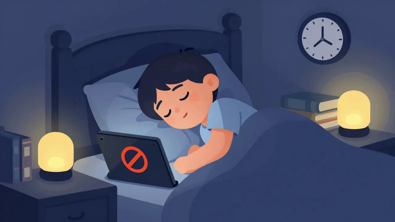 Child sleeping peacefully in a dark room with good sleep hygiene habits