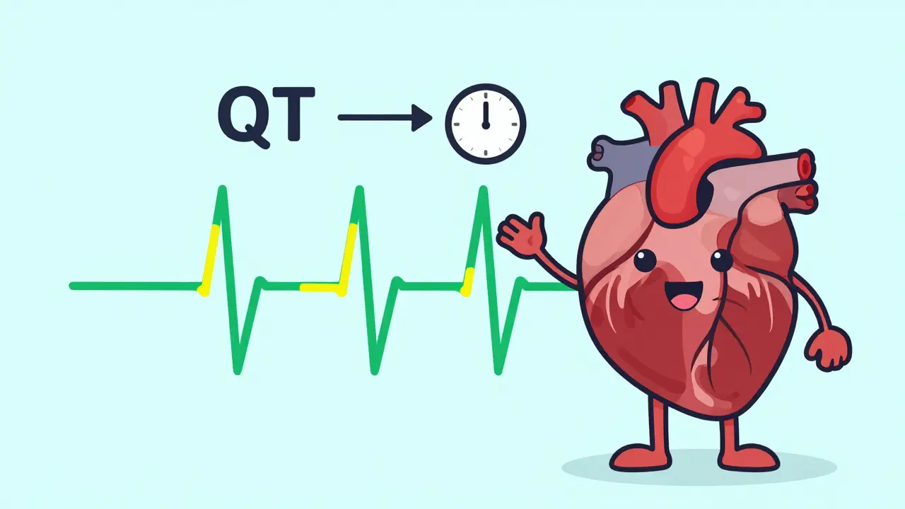 Flat cartoon diagram showing heart waves and QT interval measurement