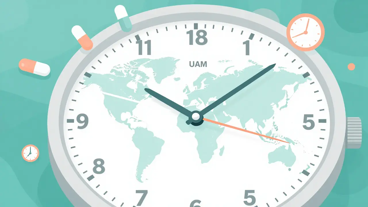 Flat design illustration of time zones and medication scheduling