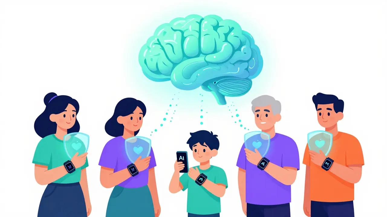 Flat design of people using wearables connected to AI health cloud