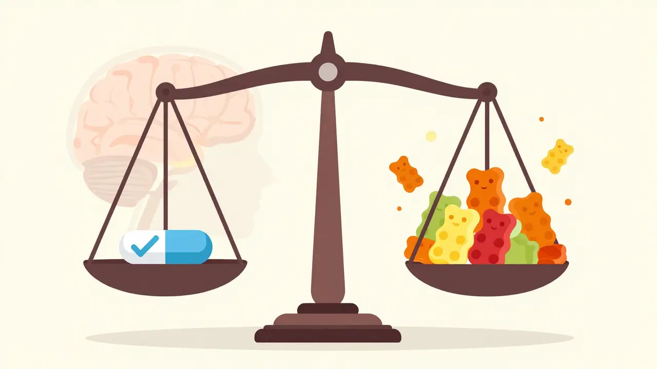 Flat illustration comparing correct melatonin dose versus excessive gummy bears