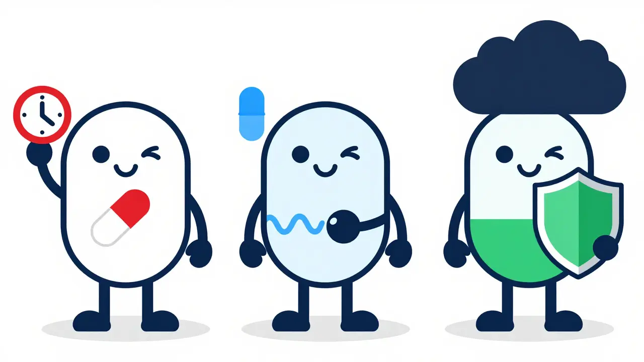 Flat illustration comparing three opioid treatment medications