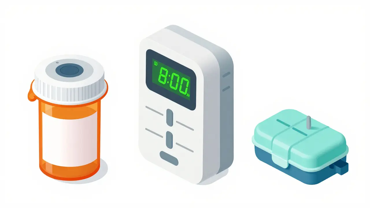 Flat illustration of smart caps, automated dispensers, and cellular boxes
