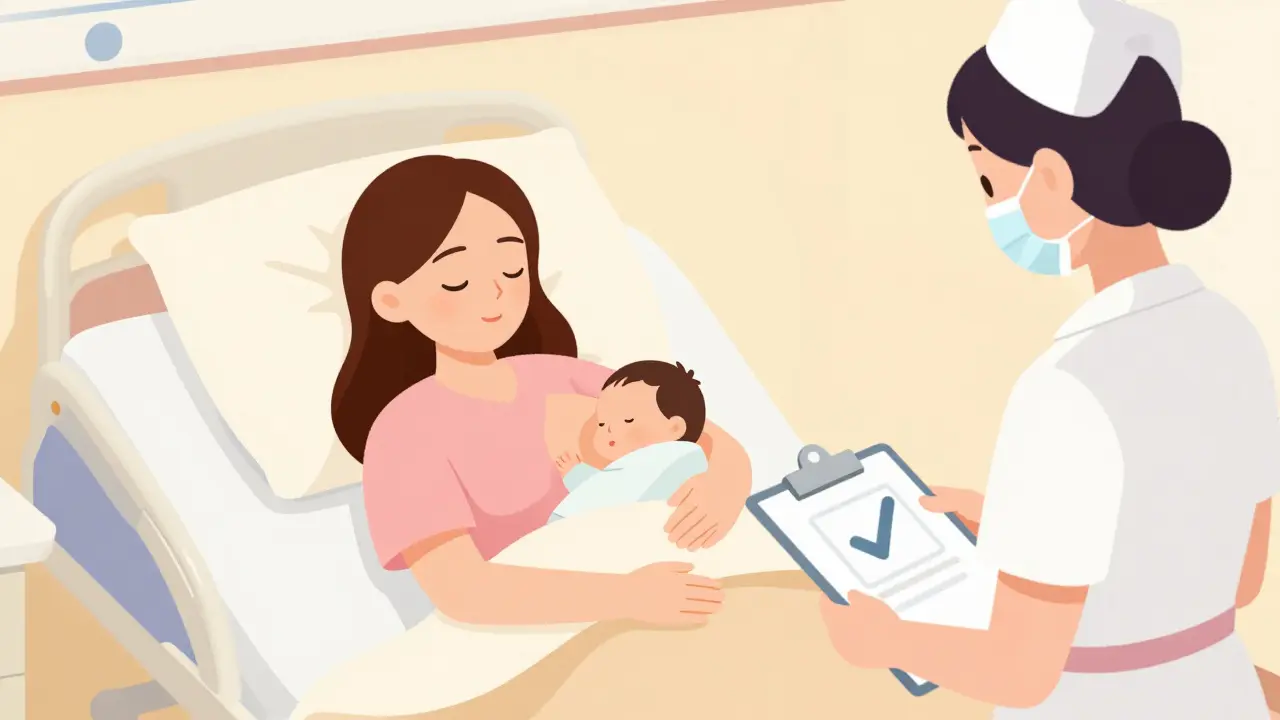 Mother breastfeeding newborn under gentle nursing observation