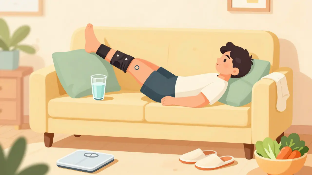 Person elevating legs for edema relief with healthy snacks