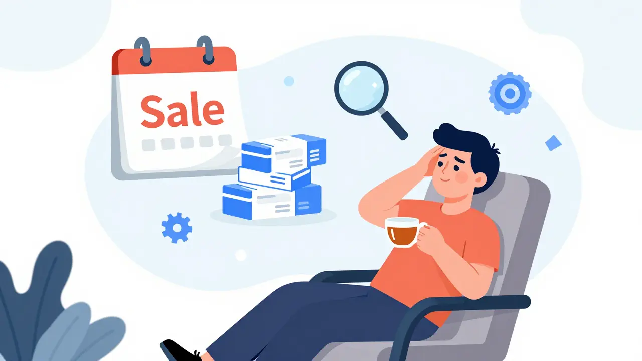 Relaxed person enjoying relief surrounded by smart shopping and bulk buy symbols