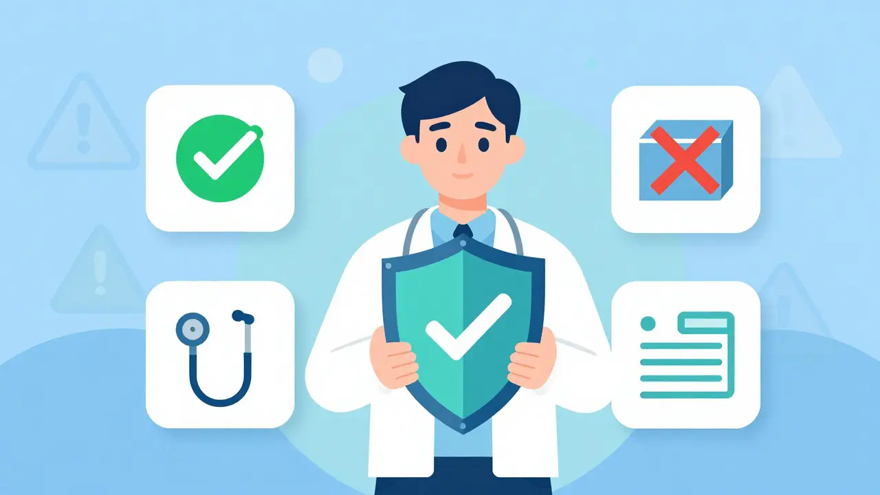 Shield with checkmark and medical safety icons in flat design style