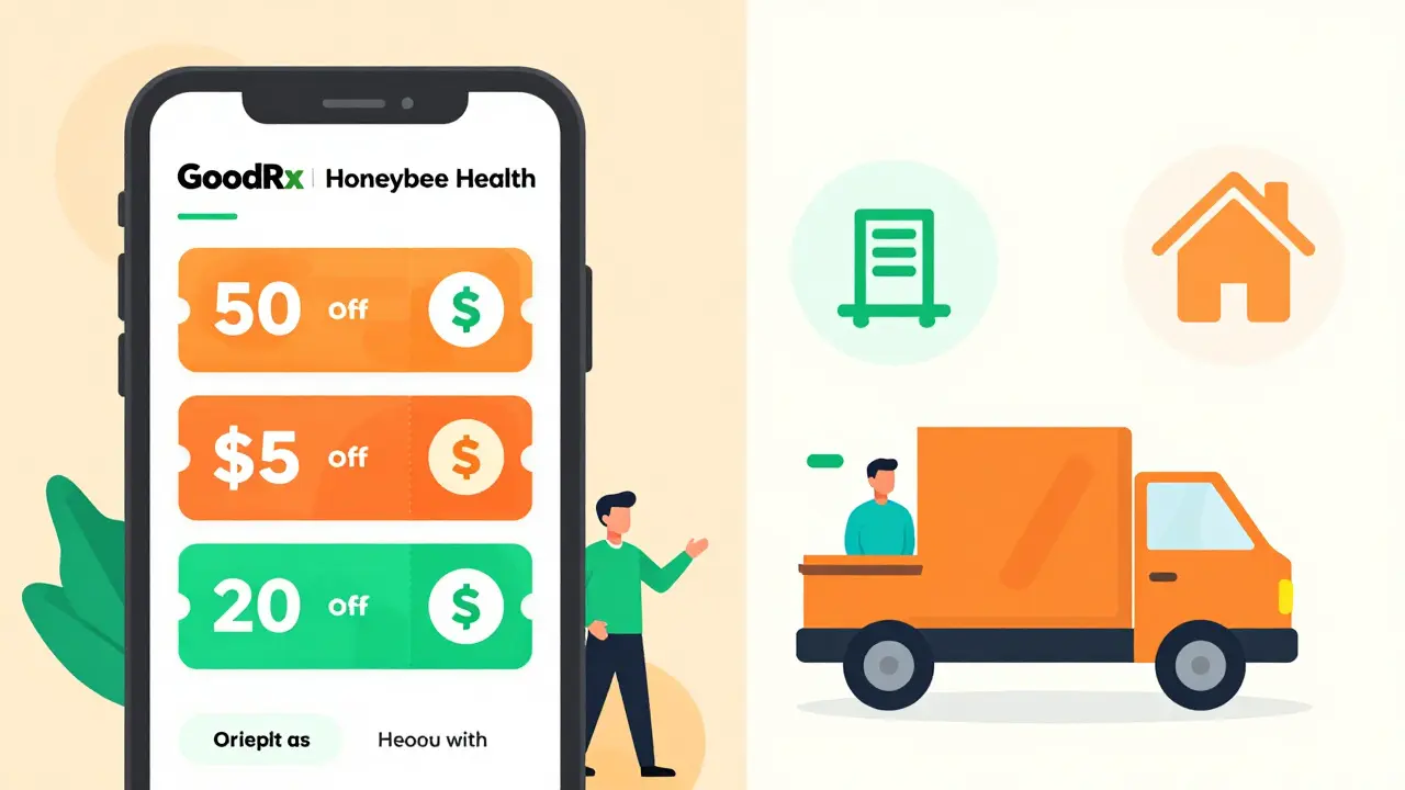 Smartphone showing price discounts and delivery icons in flat illustration