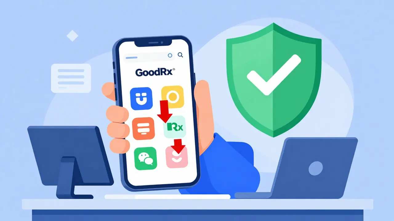 Stylized character using smartphone coupons for safe online medication discounts