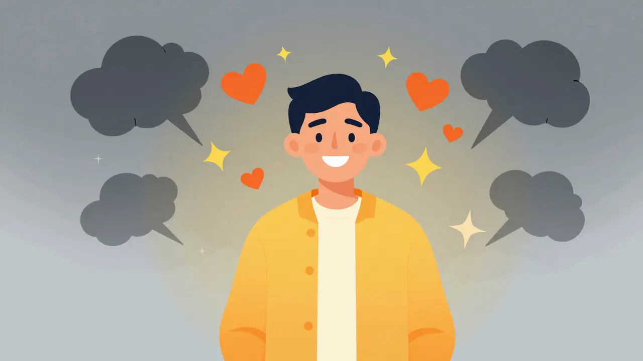 Character smiling with fading anxiety clouds, symbolizing confidence