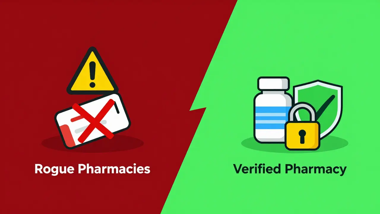 Comparison of unsafe rogue pharmacies vs verified safe options