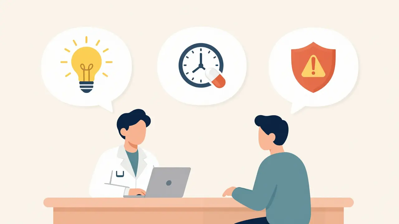 Conceptual illustration of three key pharmacist counseling questions