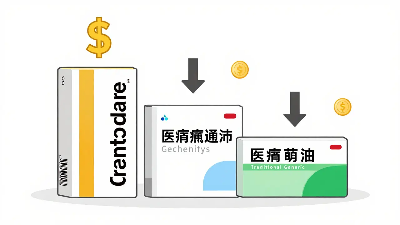 Flat design graphic showing price differences between brand, authorized, and traditional generics