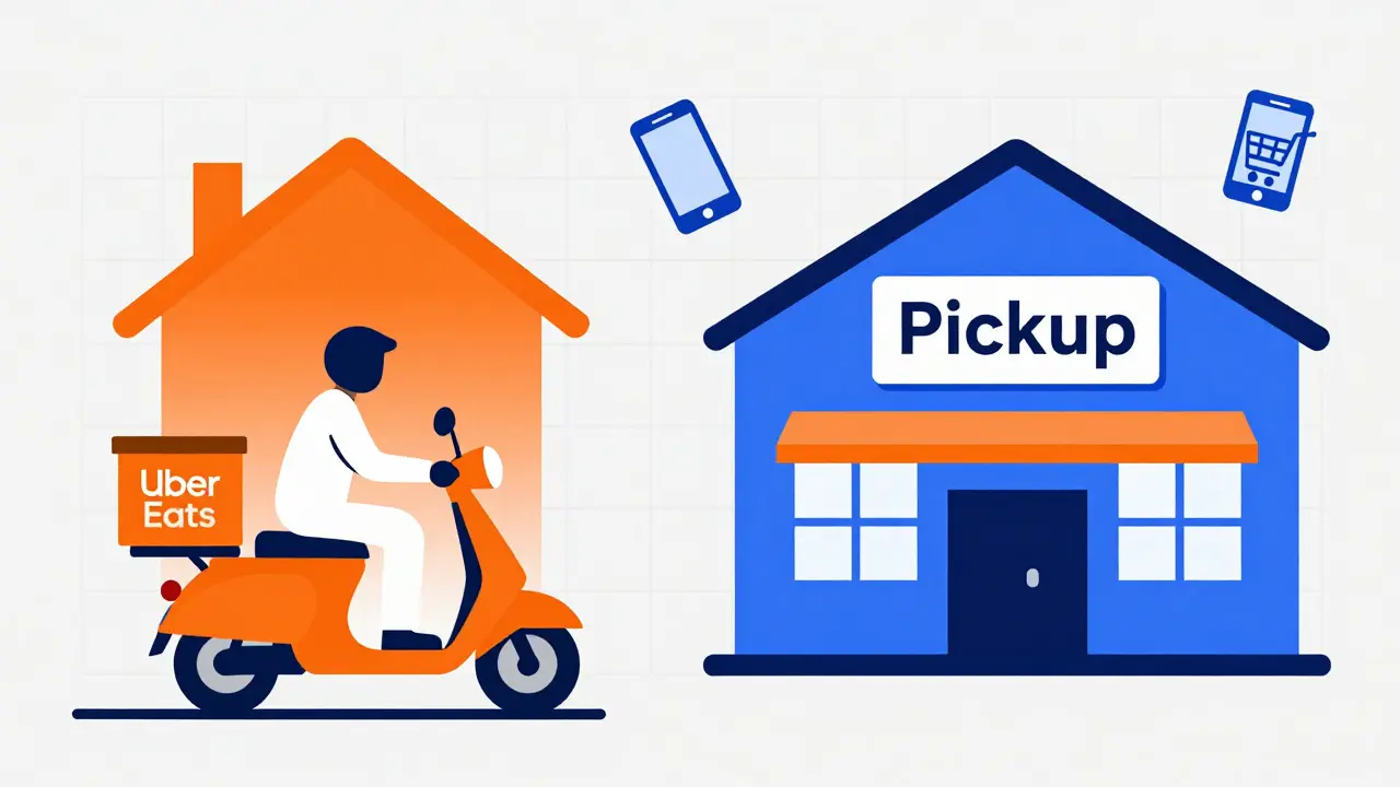 Flat design icons showing delivery scooter and store pickup options
