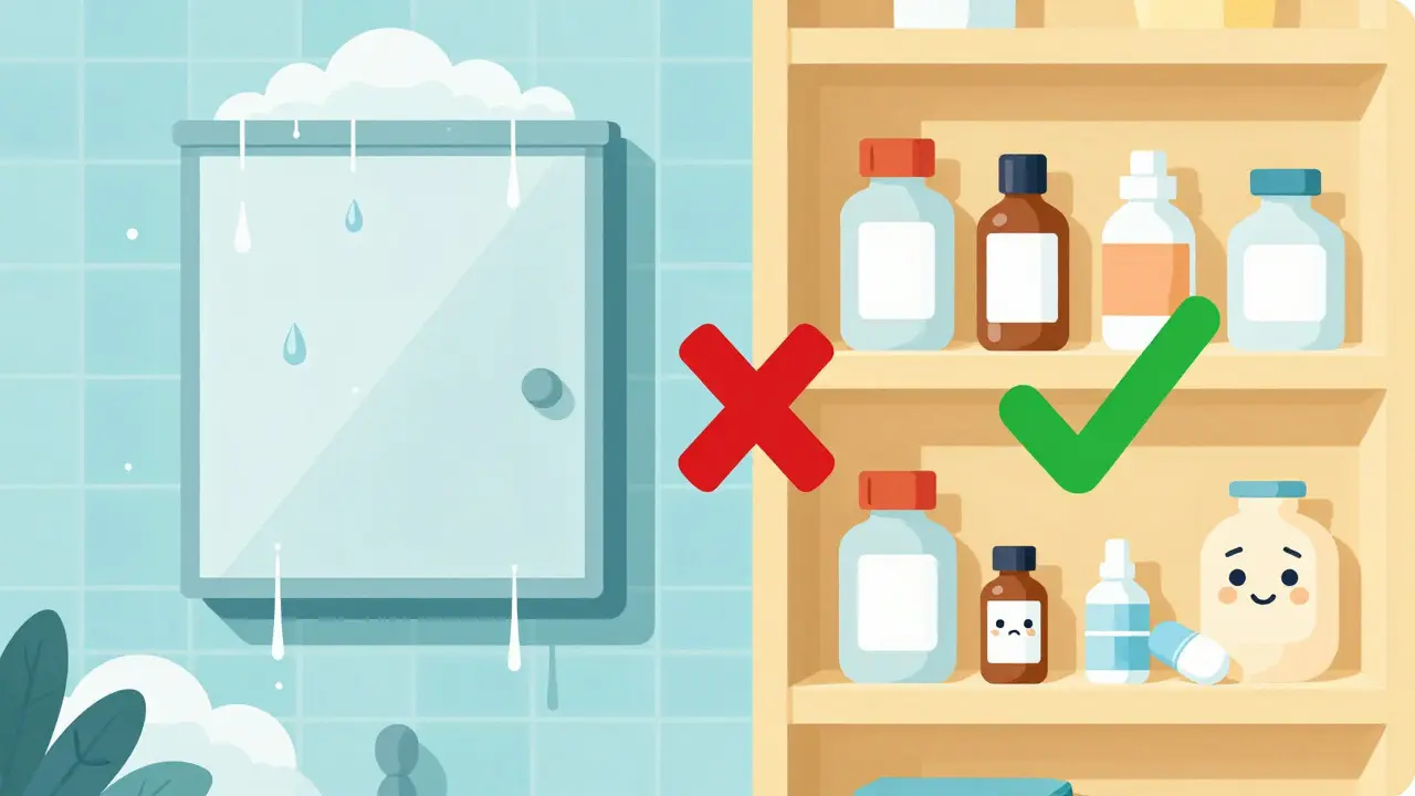 Flat illustration comparing humid bathroom vs dry closet for med storage