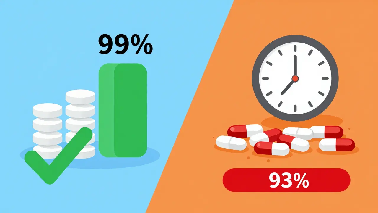Flat illustration comparing perfect vs typical pill usage rates