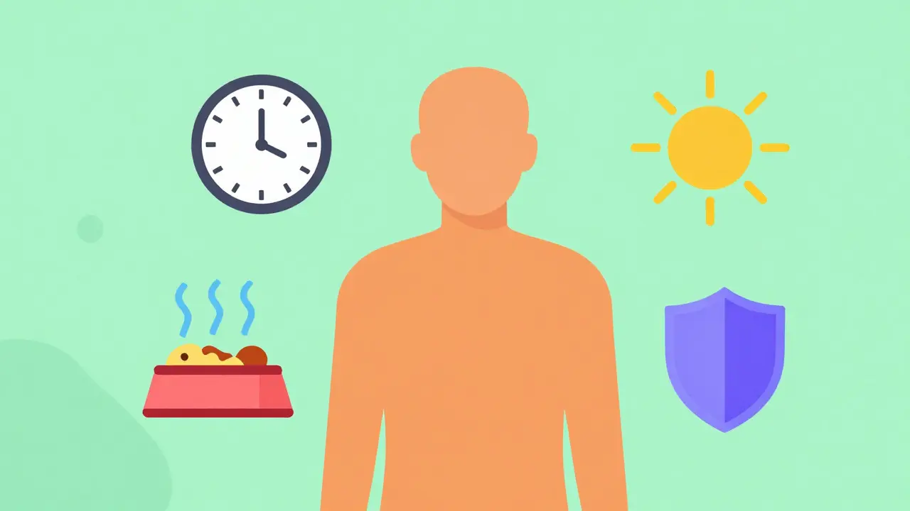 Flat illustration of medication safety icons like clocks and shields around a person.