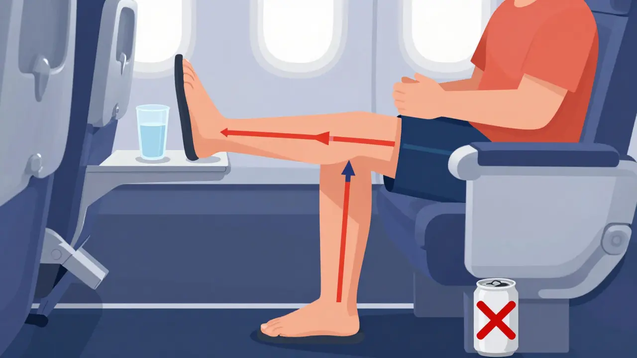 Passenger doing calf exercises and drinking water on plane