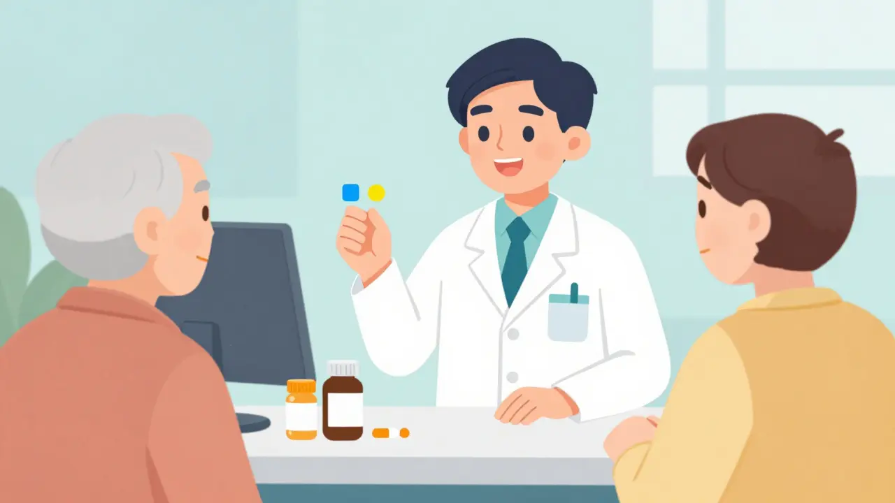 Pharmacist explaining medication equivalence to patient
