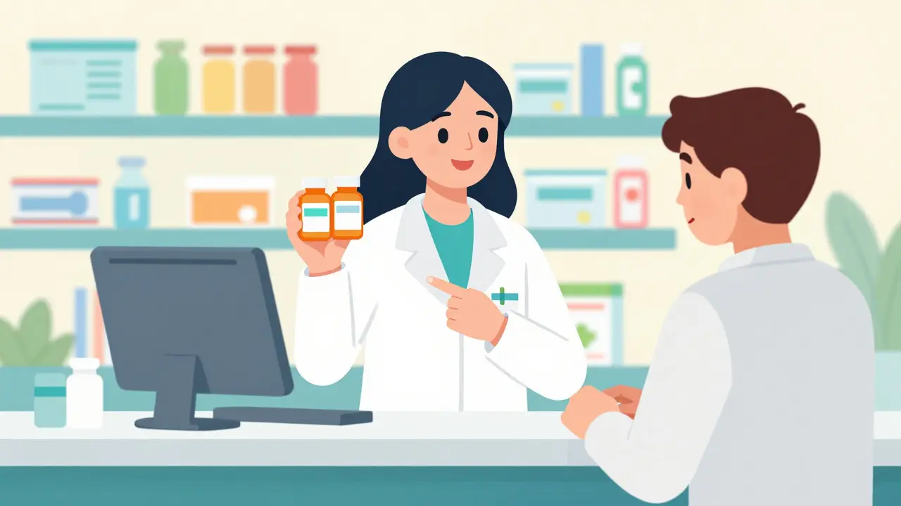 Pharmacist explaining medication options to a patient at a pharmacy counter