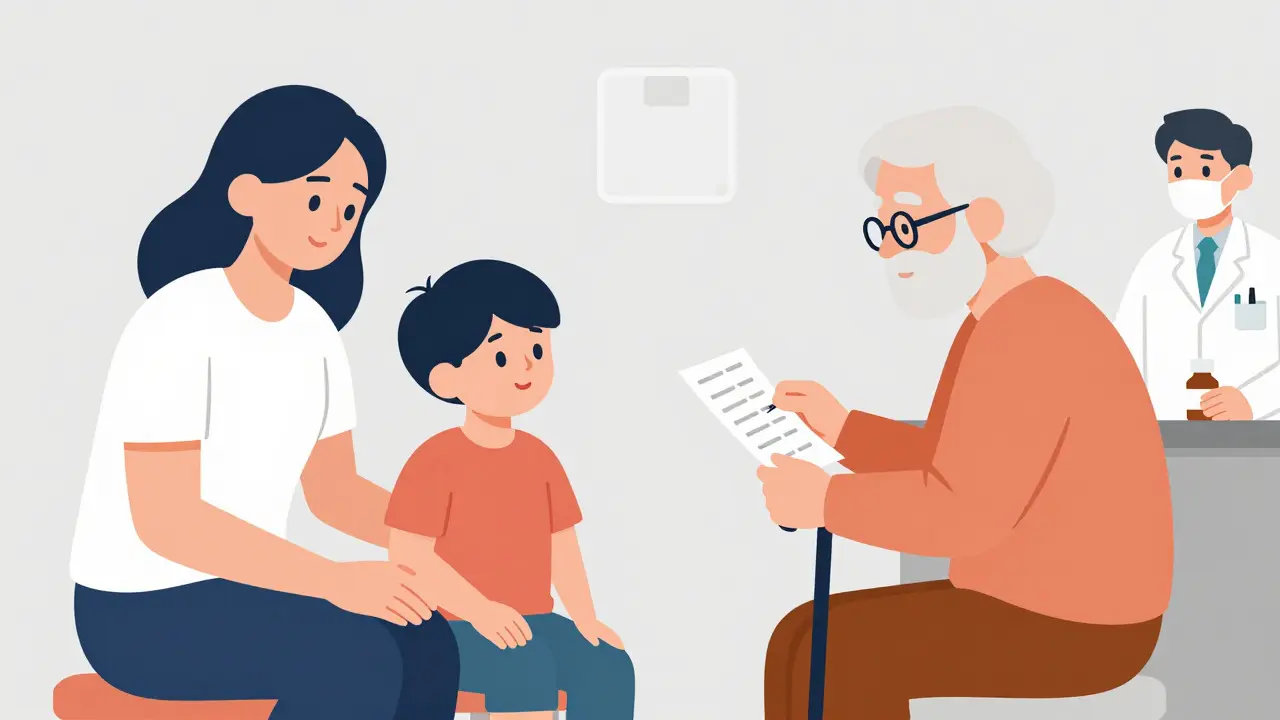 Pharmacist helping a parent and a senior citizen with medication in flat design.