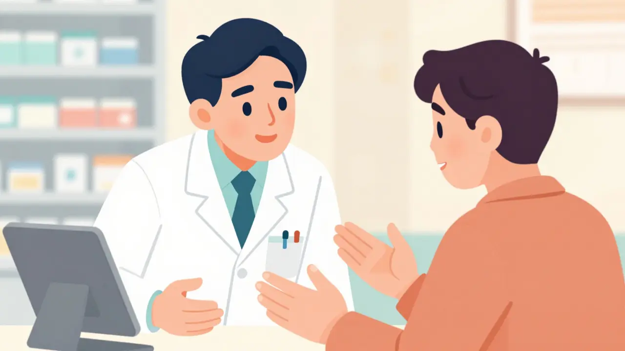 Pharmacist listening to patient explain medication instructions back